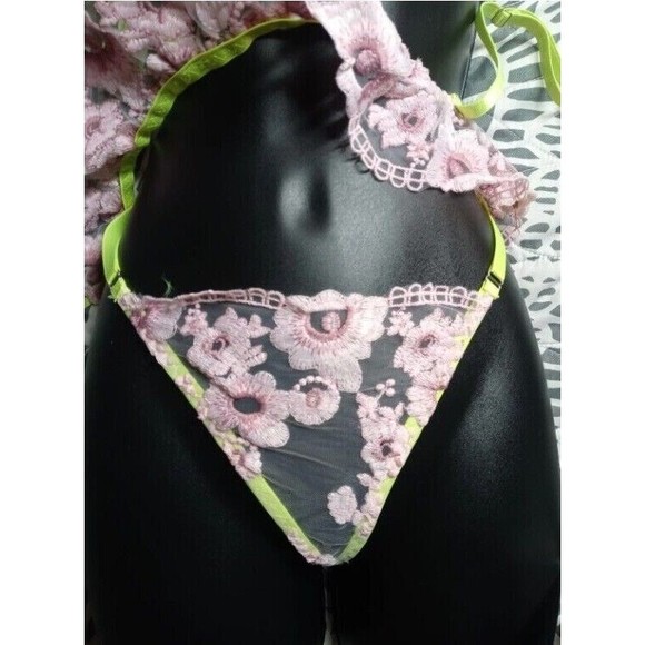 New lingerie 3-piece set lace pink and neon yellow size medium - Picture 4 of 4